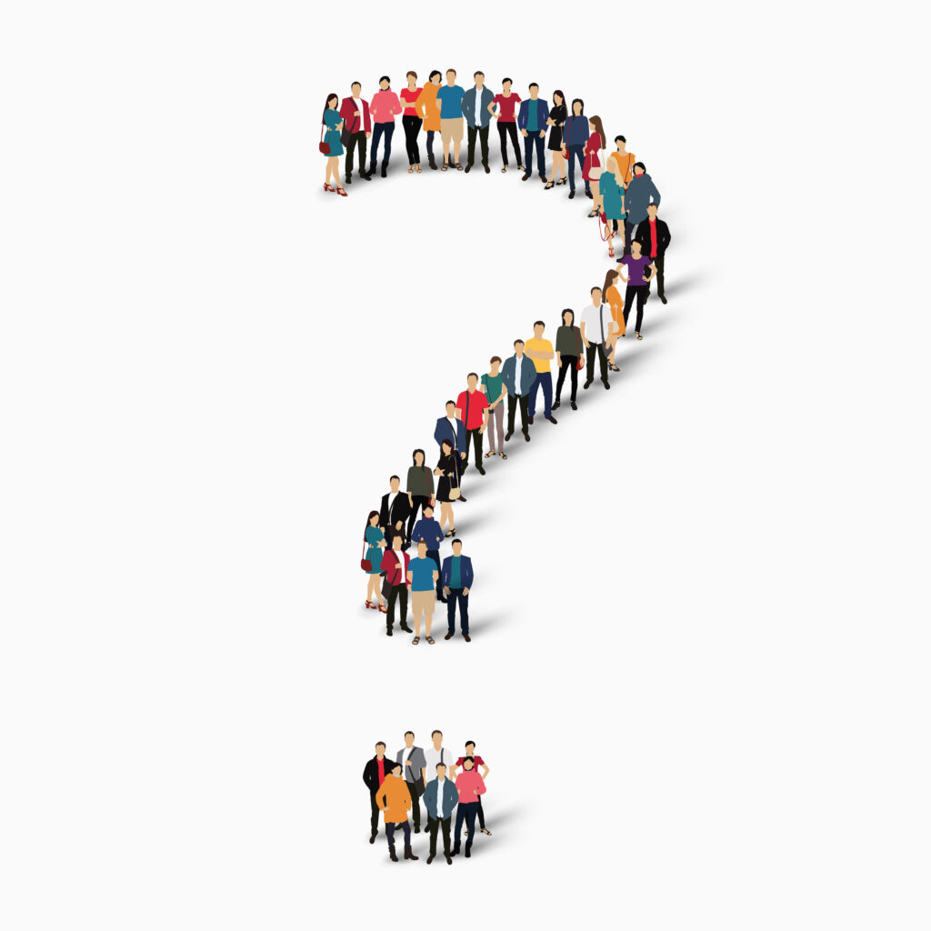 Diverse group of people forming a question mark shape, representing frequent mortgage and finance inquiries.