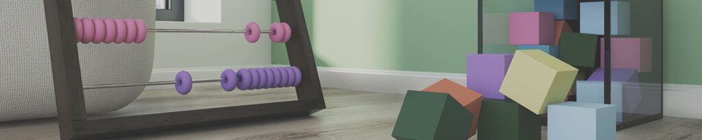 Toy abacus and colorful building blocks on a wooden floor, representing family financial planning and UK mortgage advice.